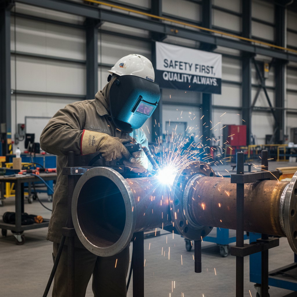 Technician installing industrial pipe system